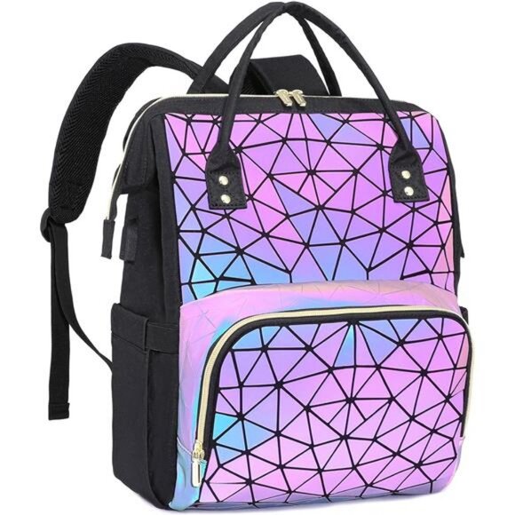 Geometric Luminous Backpack Holographic Reflective Bag Wallet Clutch Set - Picture 1 of 7
